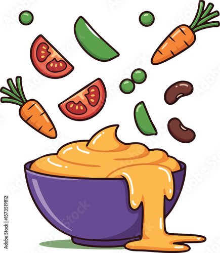 Colorful bowl of fresh vegetables and creamy dip with vibrant toppings