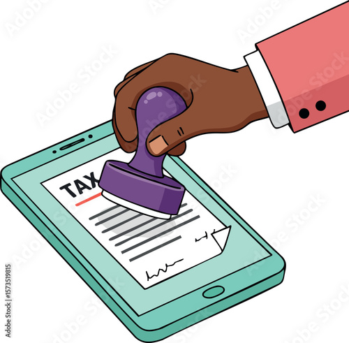 Tax document approval with smartphone and stamp in hand
