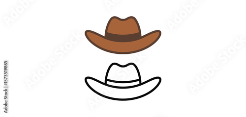 Two cowboy hats one colored brown and one outline on a white background
