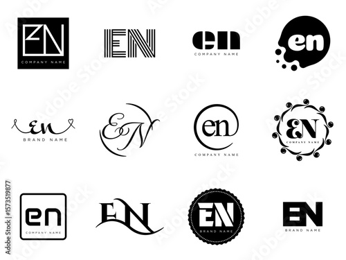 EN logo company template. Letter e and n logotype. Set different classic serif lettering and modern bold text with design elements. Initial font typography.