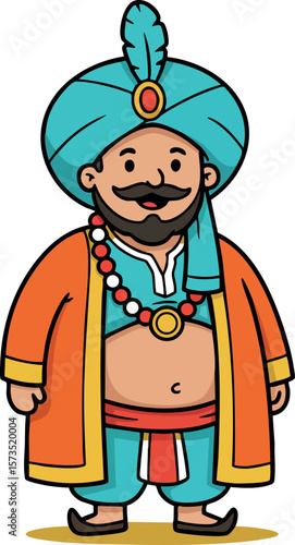 Cartoon character wearing traditional attire with colorful turban and jewelry