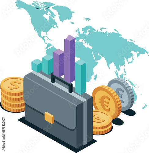Business briefcase with world map and financial growth bar chart and gold coins vector illustration for global economy finance concept