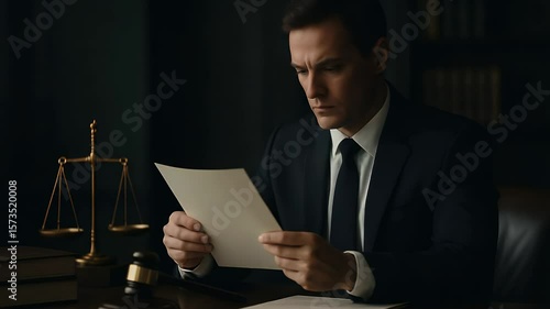 Precise Examination: A distinguished legal professional, clad in a smart black suit, meticulously reviews a critical document at his elegant desk, illuminated by soft, focused lighting.