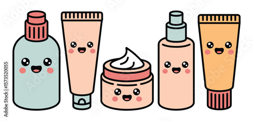 Cute kawaii skincare products with happy faces and blush cheeks