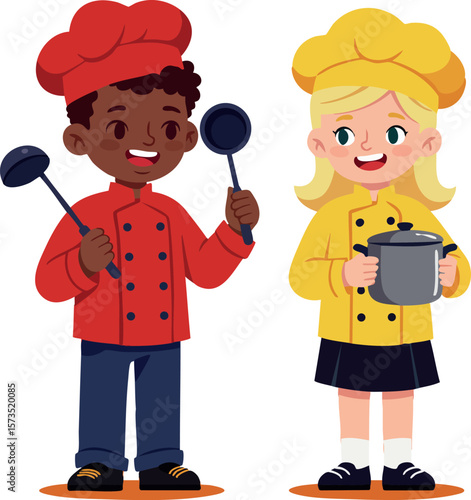 Chefs holding cooking utensils, children in colorful chef outfits, culinary fun and teamwork