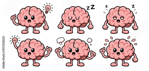 Cute cartoon brain characters showing different emotions and ideas