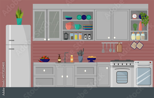 Modern kitchen interior with furniture. Refrigerator and stove, sink and dishwasher. Shelves with dishes and spices. Decorative plants and figurines for coziness. Kitchen design concept. Vector.