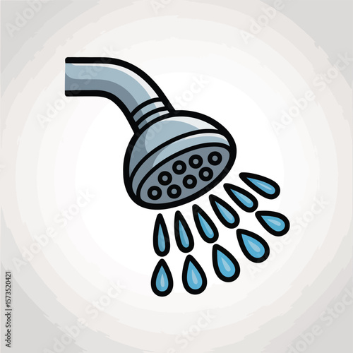 Modern shower head spraying water droplets in a clean illustration style