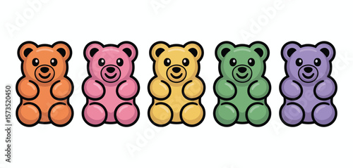 Five colorful gummy bear candies in a row on a white background