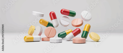 Assortment of colorful pharmaceutical pills and capsules scattered on a clean white background