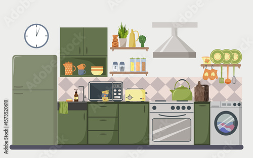 Kitchen interior illustration in green. Modern design. Cabinets and shelves, refrigerator, stove and washing machine. The space is equipped with everything necessary for cooking - toaster, microwave
