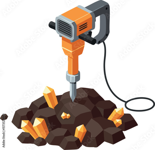 Jackhammer breaking rocks with orange and gray colors in mining or construction work vector illustration