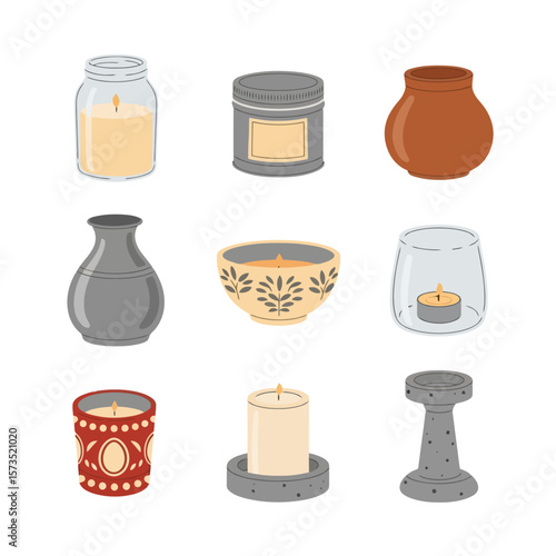 Diverse Candle and Candle Holder Collection for Home Decor and Ambiance - Vector Illustration Set