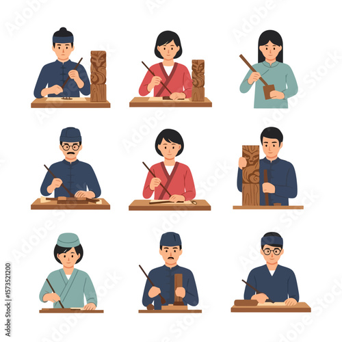 Traditional Wood Carvers & Artisans Collection: Diverse Craftspeople Sculpting Handmade Art