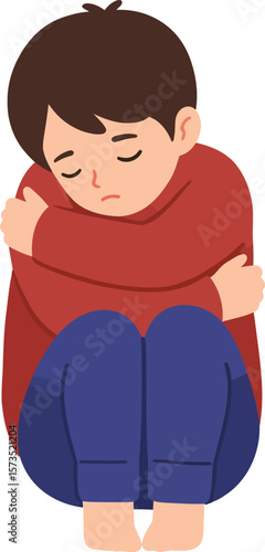 Sad young boy sitting curled up hugging knees in emotional pose vector illustration 