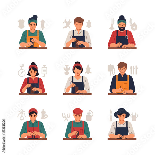 Diverse Artisans & Craftsmen Working: Leather Goods, Shoemaking & Handcrafts. Flat Vector Illustration Set