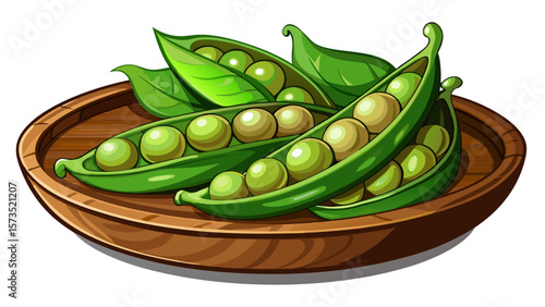 Soft organic peas in open pods, lined like pearls in green velvet shells, sit on a wooden plate, combining simplicity and color in a gentle scene for wholesome vegetable artwork.