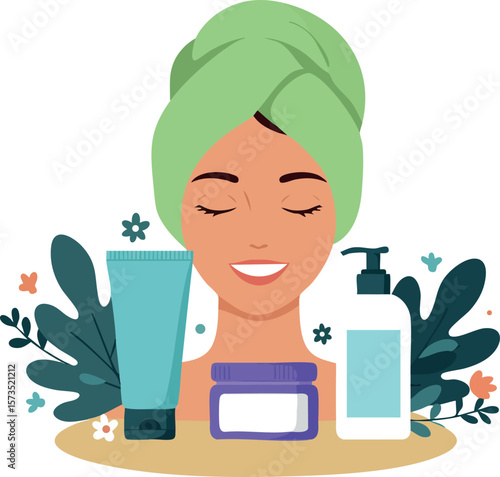Woman enjoying skincare routine with green towel on head and cosmetic products for face care and beauty
