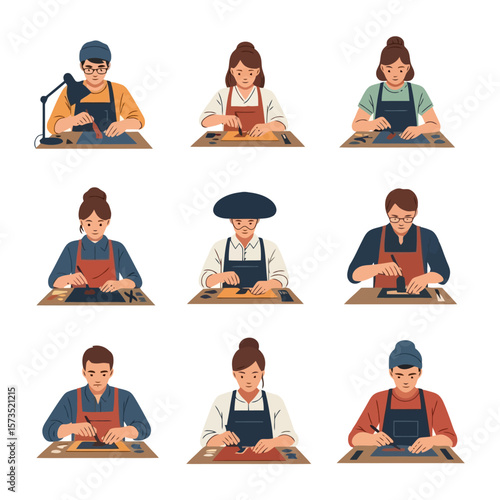 Diverse artisans crafting handmade goods: illustration of people engaged in various creative workshop activities, showcasing hobbies and profession...