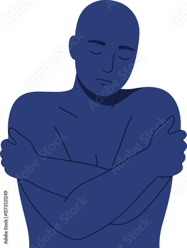 Blue monochrome person hugging self in calm introspective pose vector illustration 