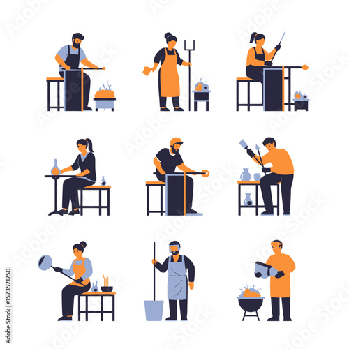 Artisans Crafting Pottery and Glassware Flat Illustrations Set: Diverse Makers Working with Clay, Kilns, and Tools