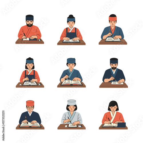 Diverse individuals in traditional Asian-inspired attire studying and writing at desks, flat vector illustration set