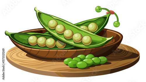 Soft organic peas in open pods, lined like pearls in green velvet shells, sit on a wooden plate, combining simplicity and color in a gentle scene for wholesome vegetable artwork.
