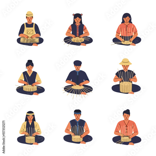 Traditional Craftspeople Weaving Baskets: Diverse Artisans Handcrafting Cultural Items