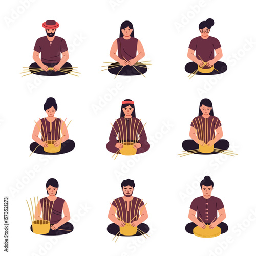 Artisans Engaged in Traditional Weaving and Basketry with Natural Fibers