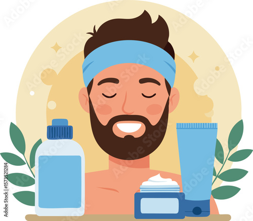 Beard man skincare routine with cream lotion and facial cleanser vector illustration for grooming and self care