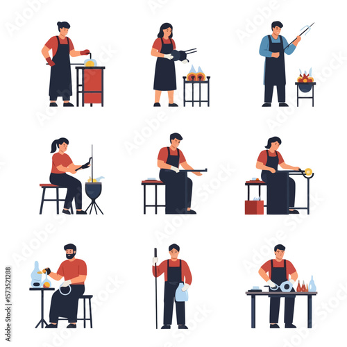 Glassblowing Art Production Process Set. Artisans Shaping Molten Glass with Tools. Craftsmanship and Handmade Industry Vector Illustrations.