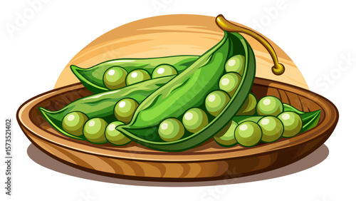 Soft organic peas in open pods, lined like pearls in green velvet shells, sit on a wooden plate, combining simplicity and color in a gentle scene for wholesome vegetable artwork.