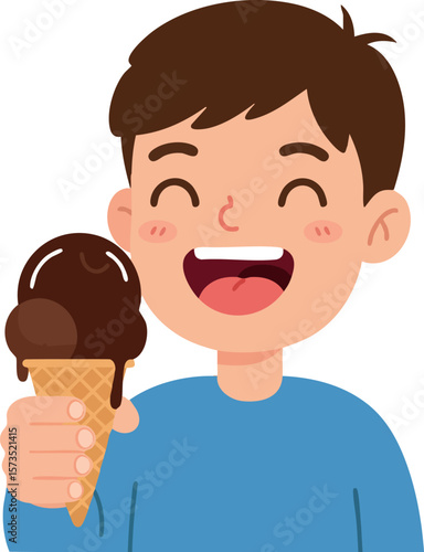 Happy boy eating chocolate ice cream cone smiling with joy vector illustration cartoon style