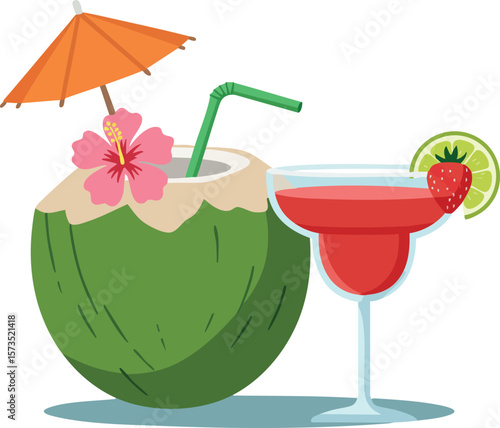 Tropical coconut drink with umbrella and red cocktail glass with lime and strawberry garnish vector illustration