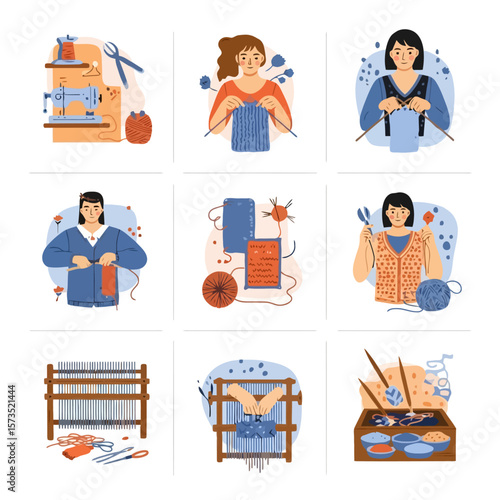 Textile Crafts and Handicrafts Illustration Set: Knitting, Weaving, Sewing, and DIY Hobbies