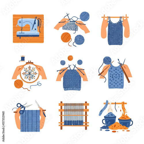 Creative Textile Crafts and Handicrafts Illustration Set: Knitting, Sewing, Embroidery, Weaving, Fabric Dyeing Icons