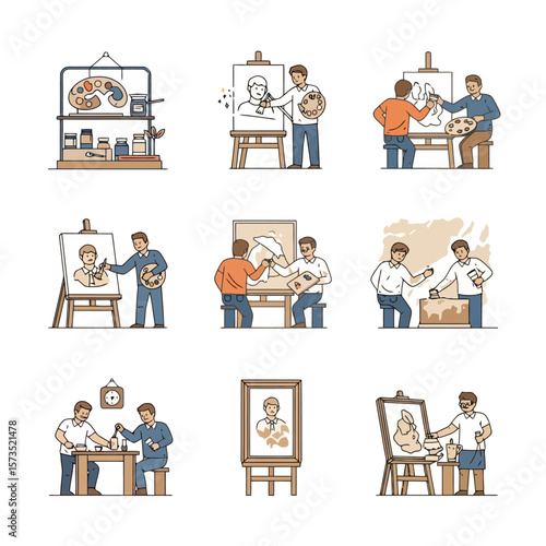 Art Studio & Creative Process Illustrations: Artists Painting & Sculpting Collection