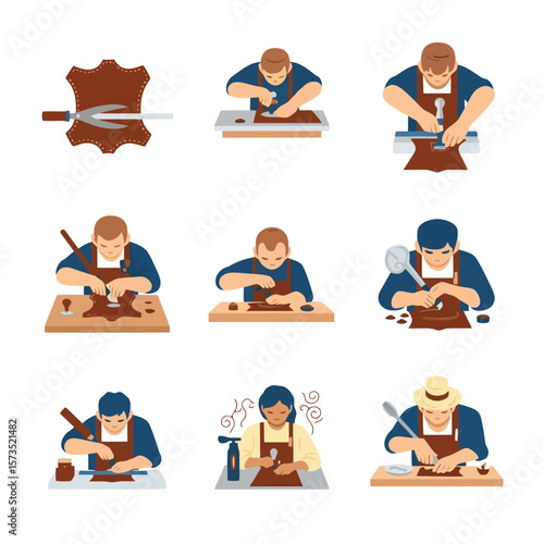 Leather Crafting Process Icon Set. Artisans Handcrafting Leather Goods with Tools. Handmade Production Steps.