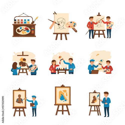 Art Painting Process & Creative Lessons Illustrations Set: Artists, Easels, Supplies for Workshops and Hobbies