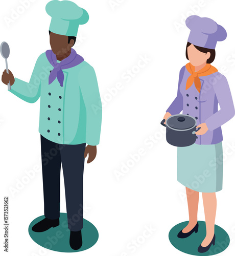 Two professional chefs cooking with pot and spoon in colorful uniform vector illustration