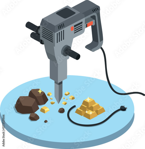 Electric jackhammer mining tool breaking rocks and extracting gold nuggets vector illustration