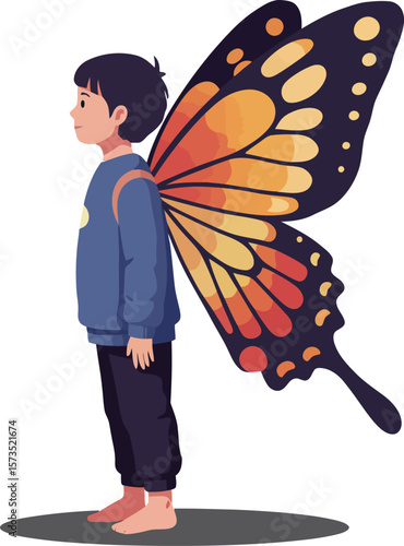 Child with colorful butterfly wings standing barefoot in profile vector illustration 
