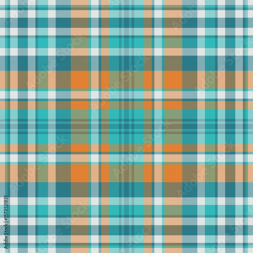 Vibrant teal, orange, and beige plaid pattern. Perfect for textile design, fashion, or website backgrounds.  This seamless texture evokes a feeling of warmth and summery energy.