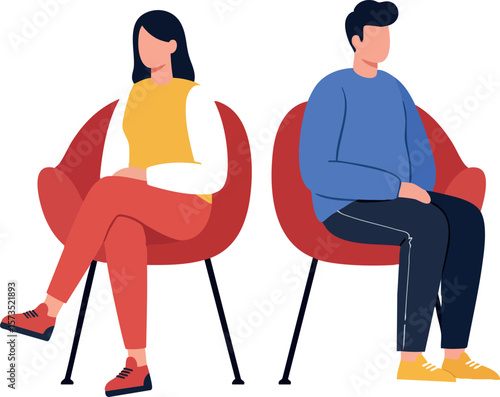 Man and woman sitting back to back on red chairs facing away relationship conflict vector illustration