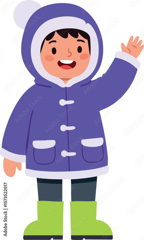 Child wearing purple winter coat and green boots waving hand cheerful kid in cold weather outfit vector illustration Child wearing purple winter coat and green boots waving hand cheerful kid in cold weather outfit vector illustration