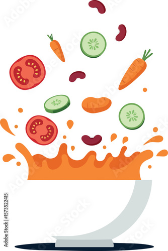 Vegetable soup ingredients flying above bowl with splash vector illustration of healthy fresh food with tomato cucumber carrot and beans