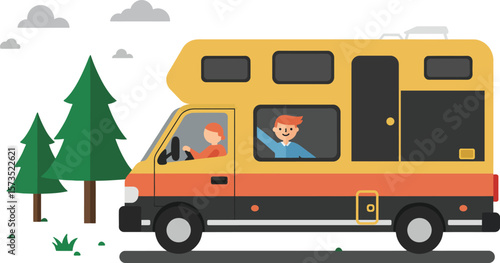 Yellow and orange campervan with two people driving through forest landscape vector illustration 