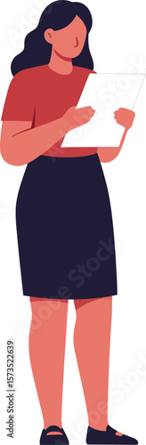 Woman standing holding cup in casual outfit vector illustration with black skirt and red top 