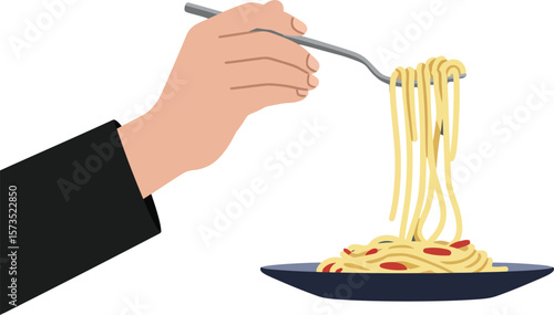 Hand holding fork with spaghetti pasta on plate vector illustration for food dining concept 