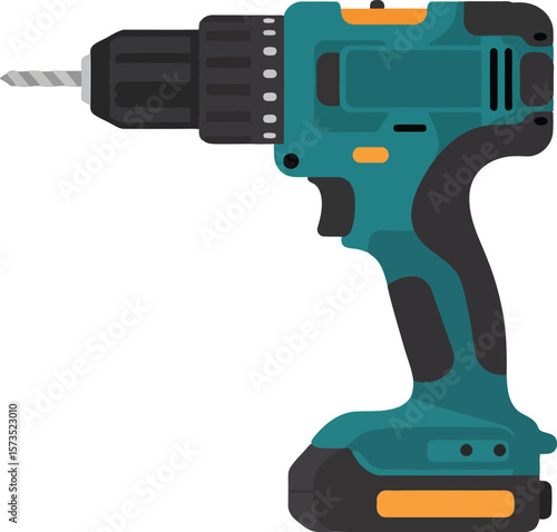 Cordless electric drill tool with drill bit for construction and repair projects in teal and orange colors 